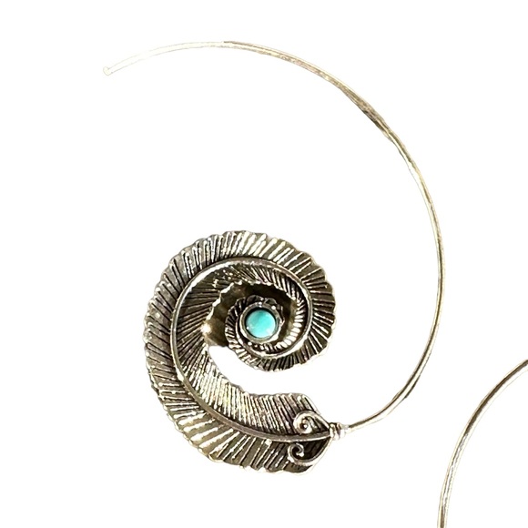Silver Plated Swirl Feather Drop Earrings with Turquoise Center - Picture 2 of 3